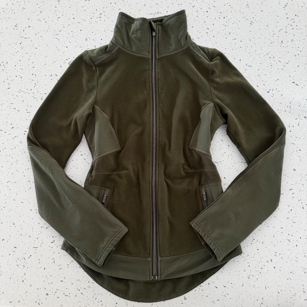 Athleta Olive Green Hybrid Fleece Full Zip Jacket XXS Thumbholes Mock Neck